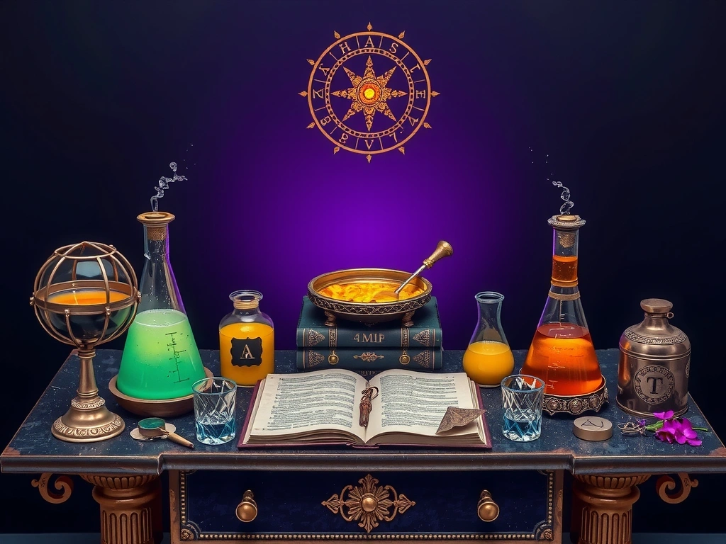 Masă de alchimie cu vase cu bule, lichide strălucitoare, cărți vechi și simboluri complicate
