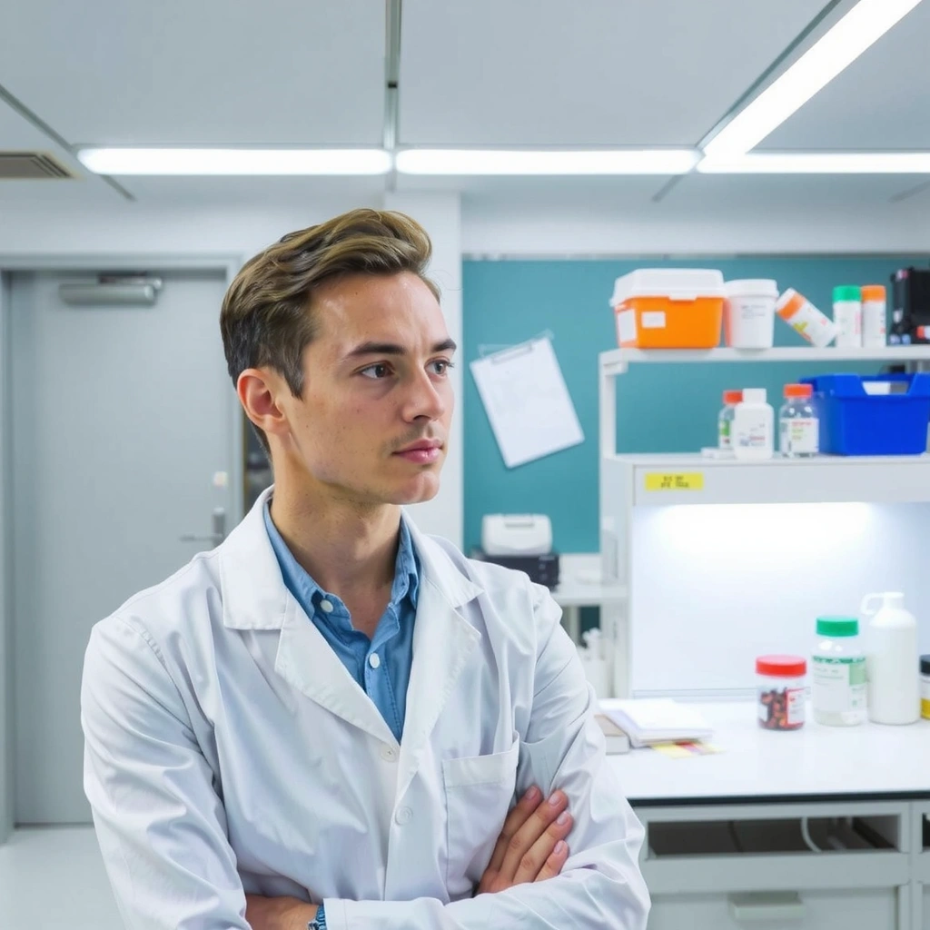 Portretul unui farmacist, concentrat, într-un laborator modern