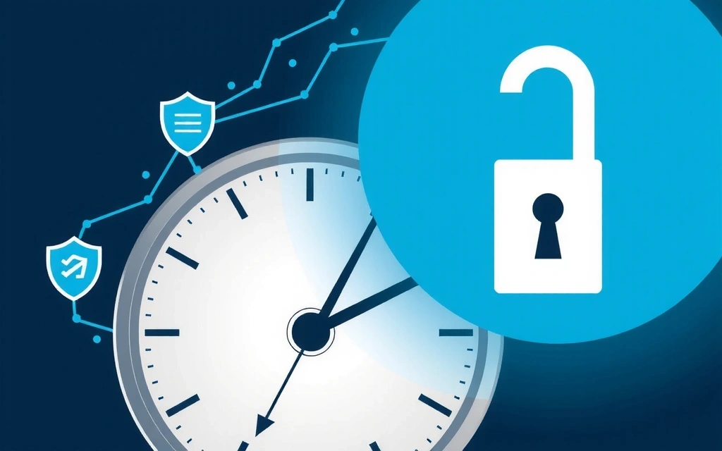 Ilustrație cu un cadran de ceas și o cheie, simbolizând politica de confidențialitate și securitatea datelor.
